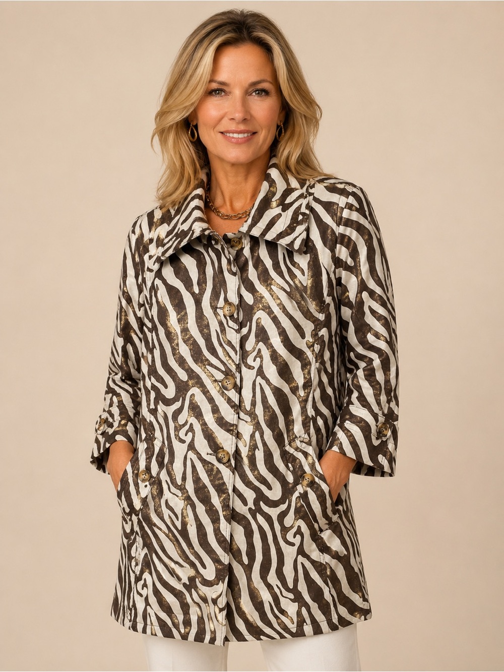 SOLO -  Linen Zebra-Print Jacket in Brown & White with Metallic Gold - Sz8